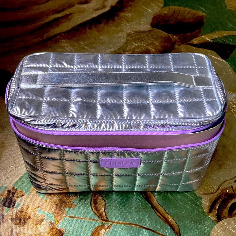 Lux Clinique Metallic Silver Bag with Lavender Accents